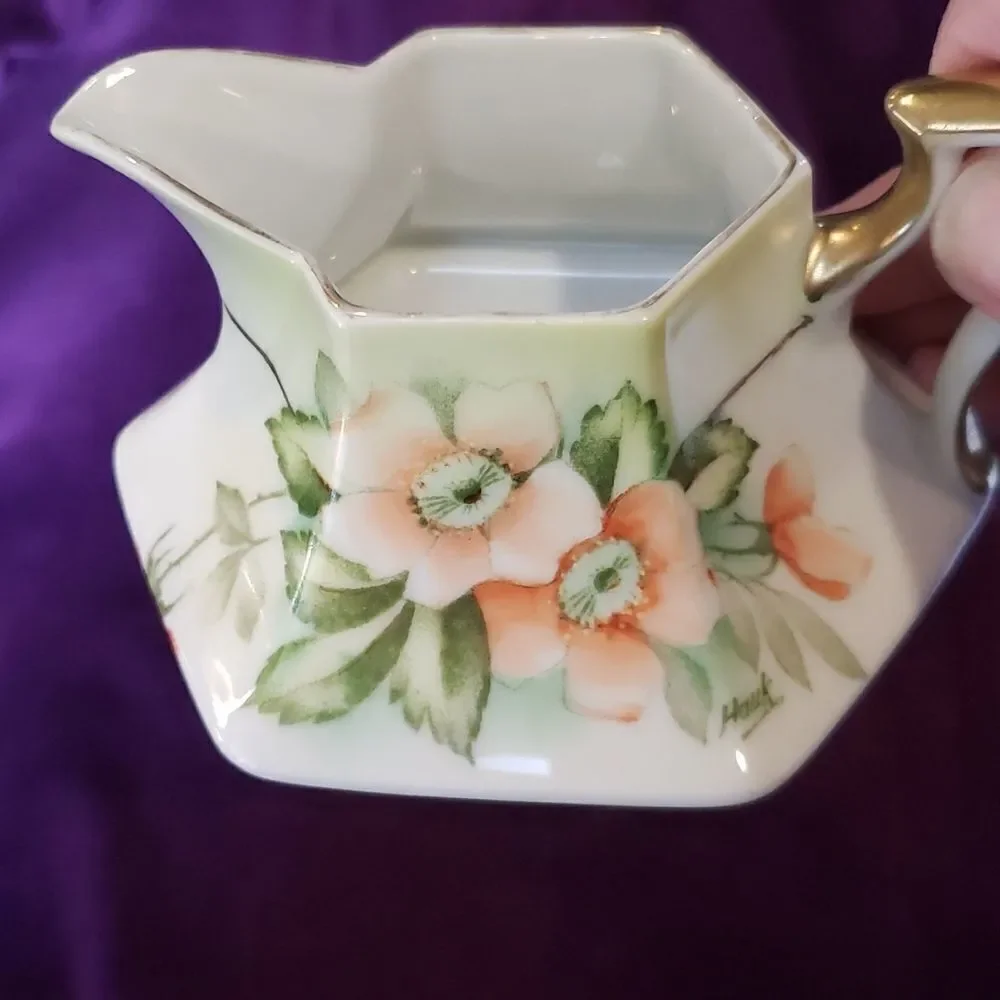 Vintage Hand-Painted Bavarian Floral Porcelain Creamer with Gold Trim